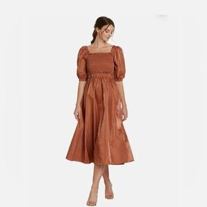 Anthropologie Copper-Tone Smocked Midi Dress with Puff Sleeves
